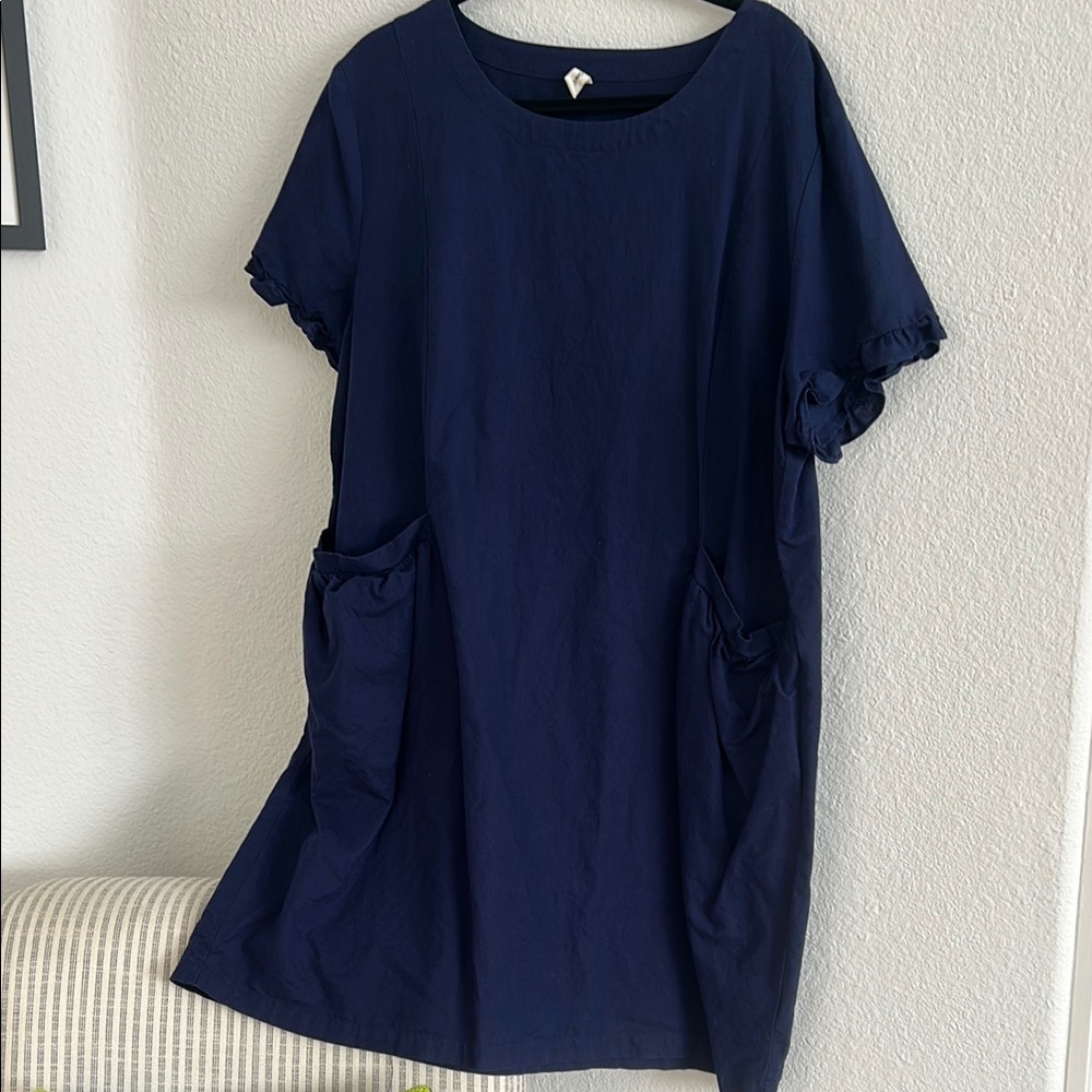 Navy Blue Short Sleeve Linen Dress with Pockets